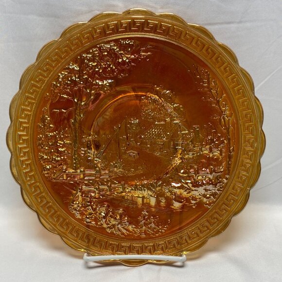Imperial Carnival Glass Marigold 10" Plate With Homestead Woodland Design - Picture 1 of 10